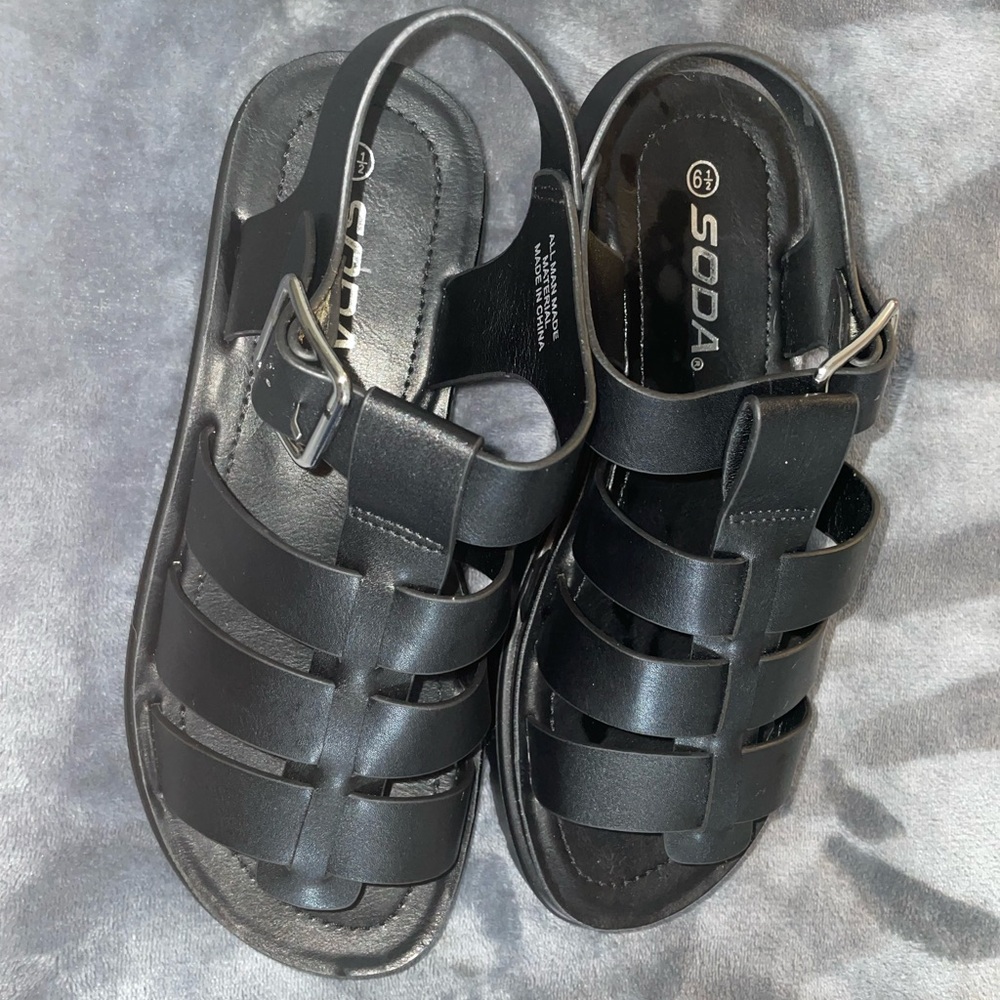 Black Soda Sandals , Never Worn , Silver Buckle